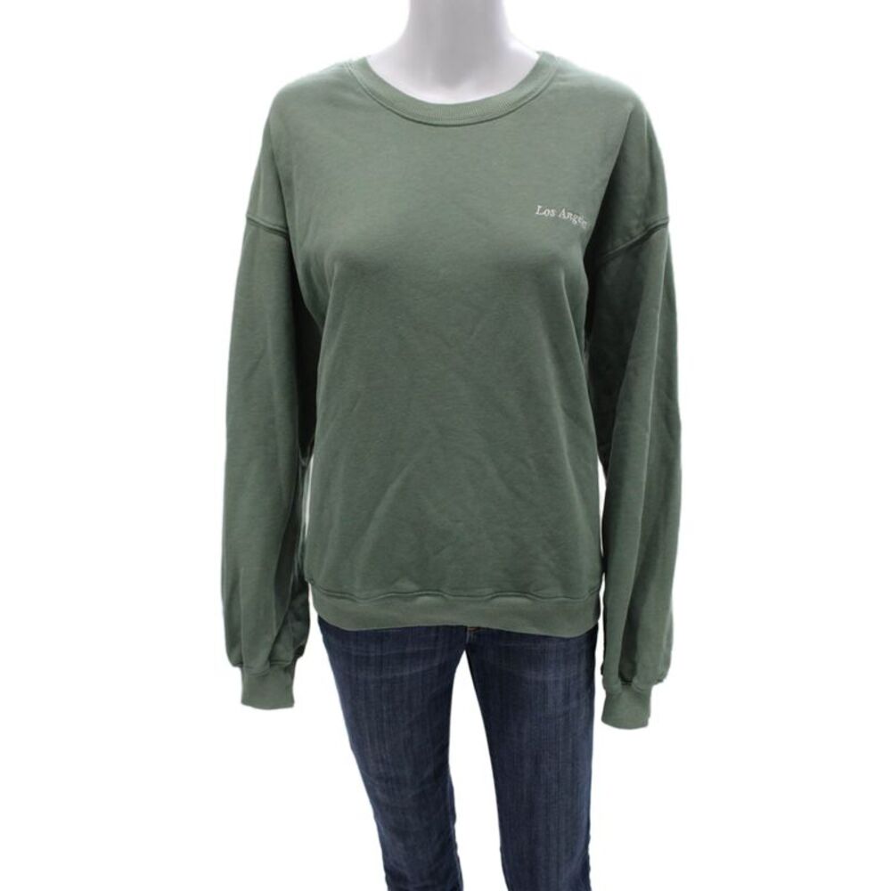 Beige Botany Women Pullover Sweatshirt Green Crew Neck Long Sleeve Size M